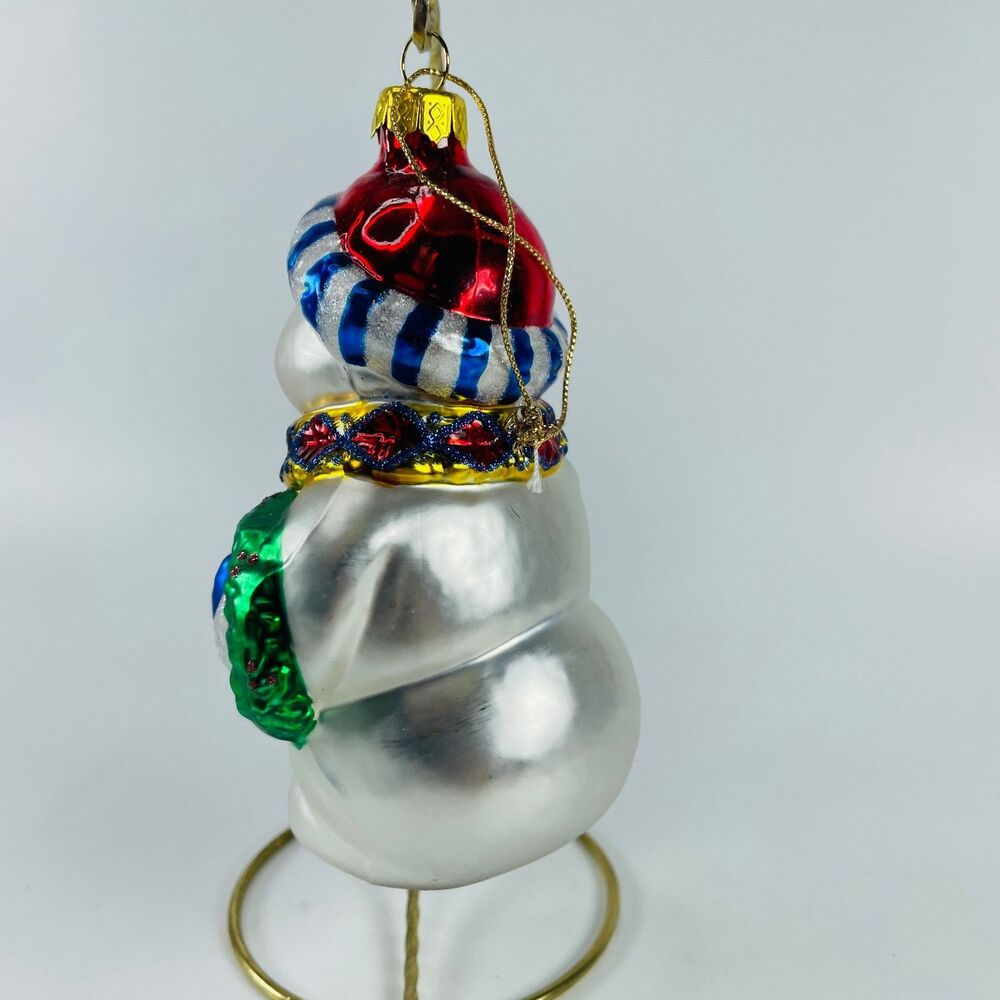 Glass Snowman Christmas Ornament with Tree Wreath Large Hand Painted Holiday - Picture 2 of 6